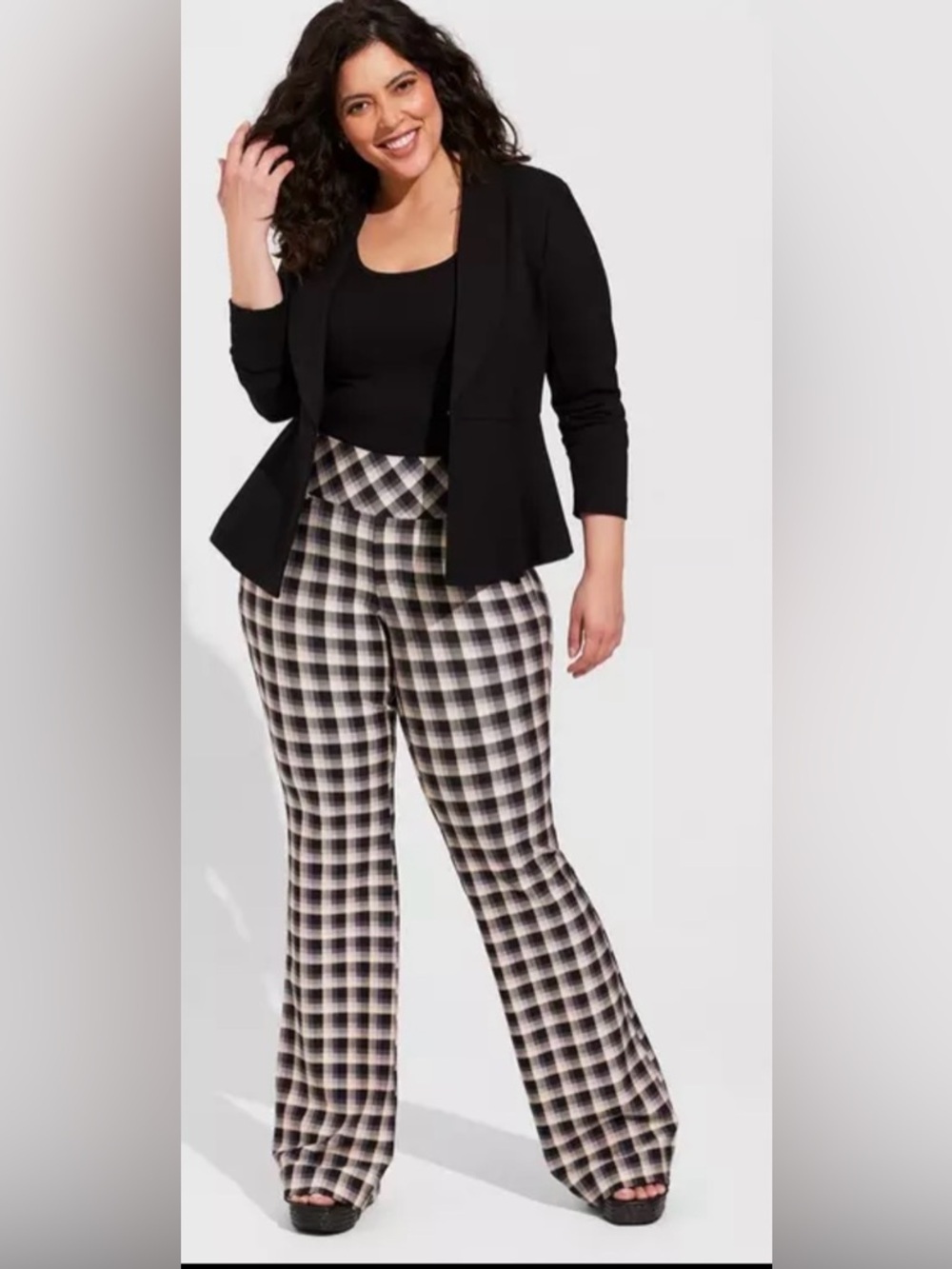 Plus-Size Black & White Plaid Peplum Waist Pants